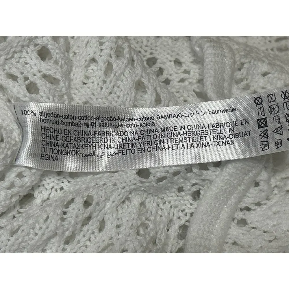 Zara White Long Bell Sleeve Open Knit Crochet Crew Cover Up Blouse Top Size L
